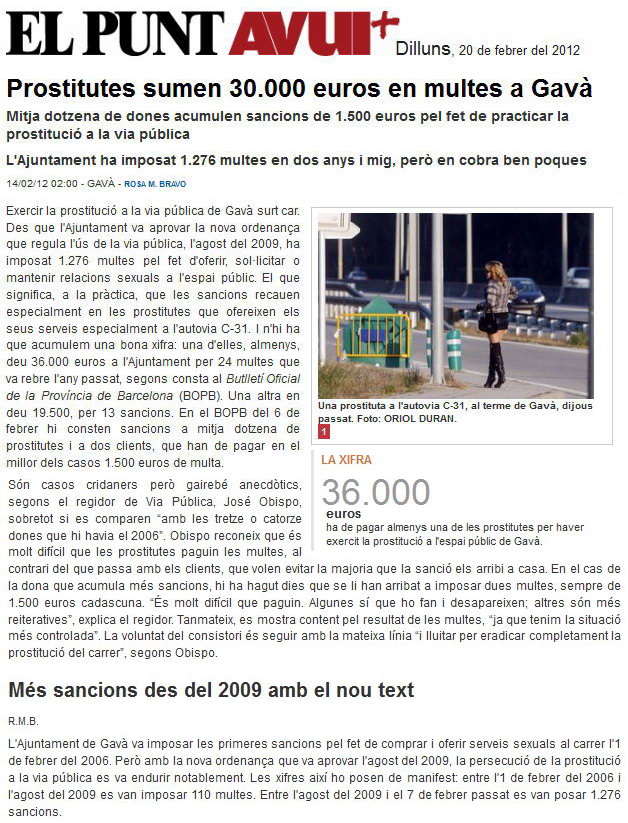 Reportatge publicat al diari EL PUNT AVUI sobre la situaci de la prostituci a Gav Mar (20 Febrer 2012)
